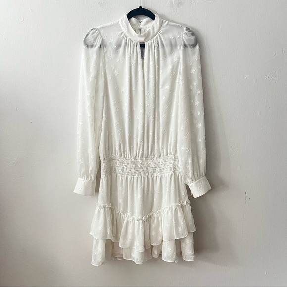 Ramy Brook White Sashah Star Pattern Blouson Longsleeve Mini Dress Medium - Picture 2 of 9